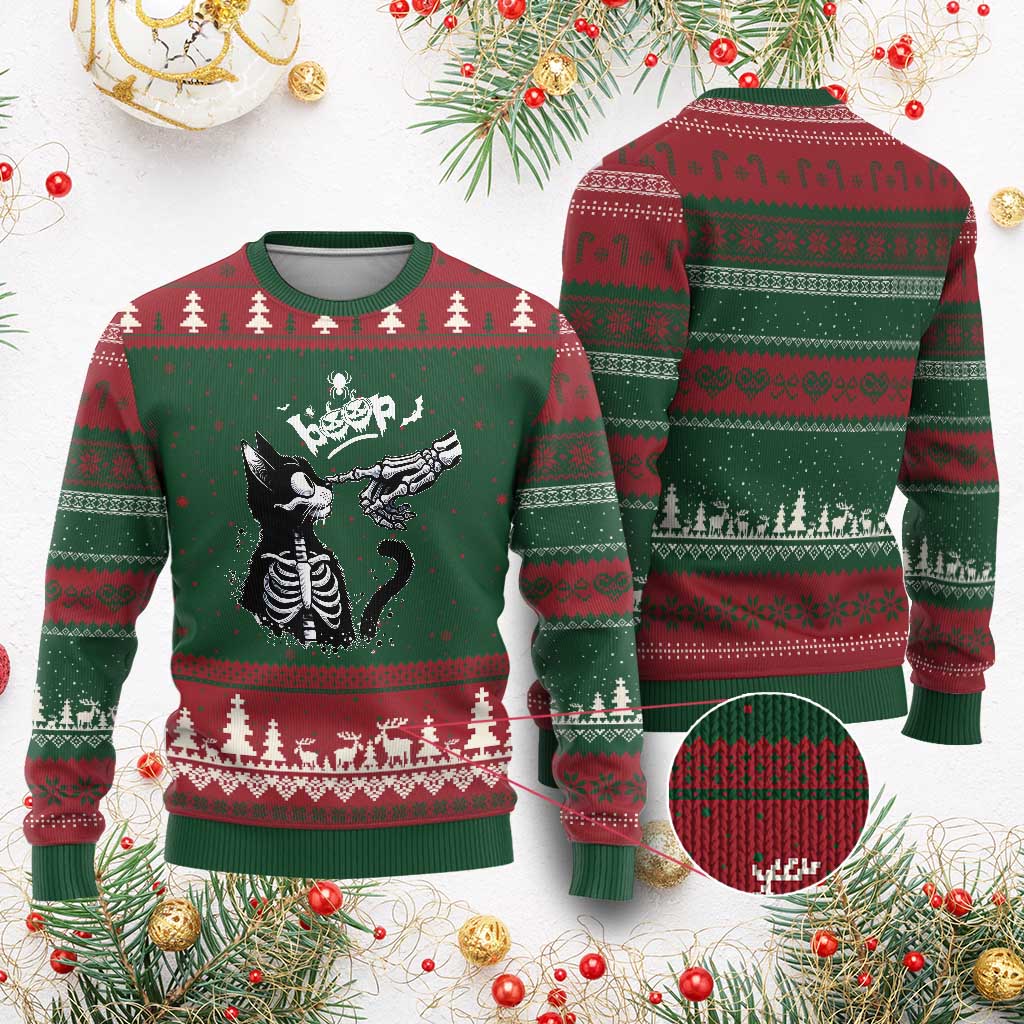Black Cat Halloween Ugly Christmas Sweater Skeleton Hand Boop TS14 Red Green Print Your Wear