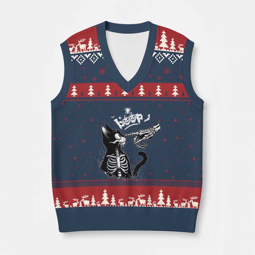 Black Cat Halloween V-Neck Knit Sweater Vest Skeleton Hand Boop TS14 Navy Red Print Your Wear