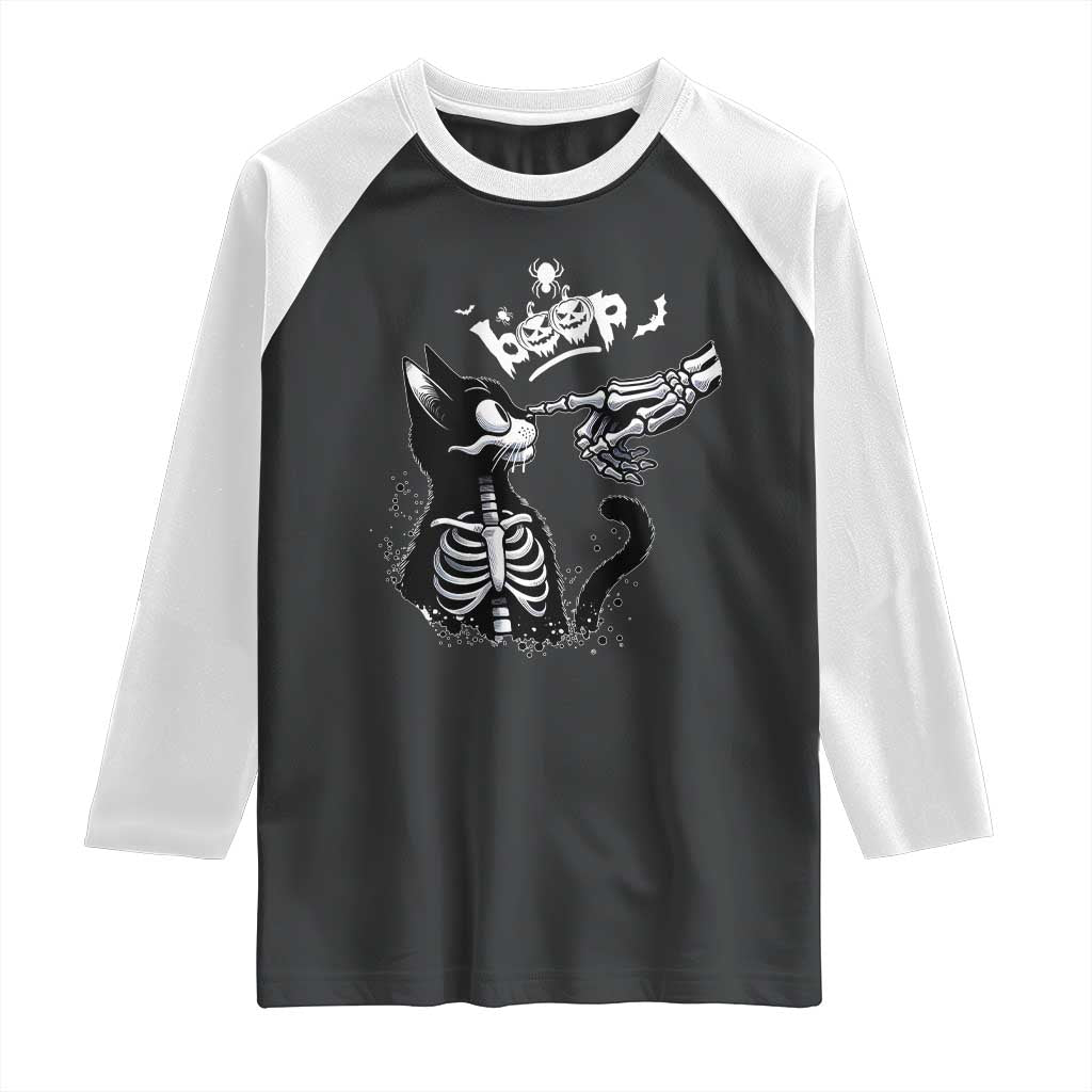 Black Cat Halloween Raglan Shirt Skeleton Hand Boop TS14 Black White Print Your Wear