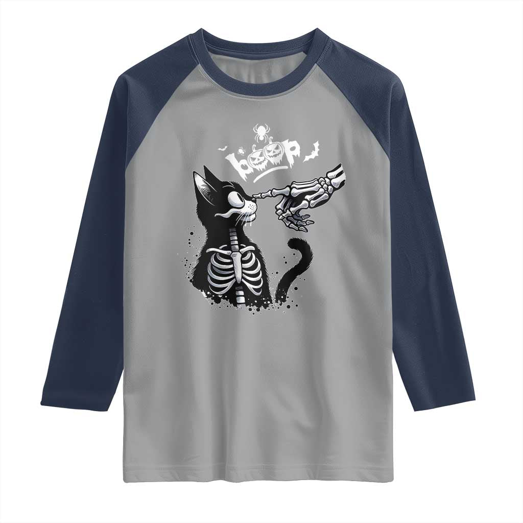 Black Cat Halloween Raglan Shirt Skeleton Hand Boop TS14 Sport Gray Navy Print Your Wear
