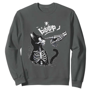 Black Cat Halloween Sweatshirt Skeleton Hand Boop TS14 Dark Heather Print Your Wear