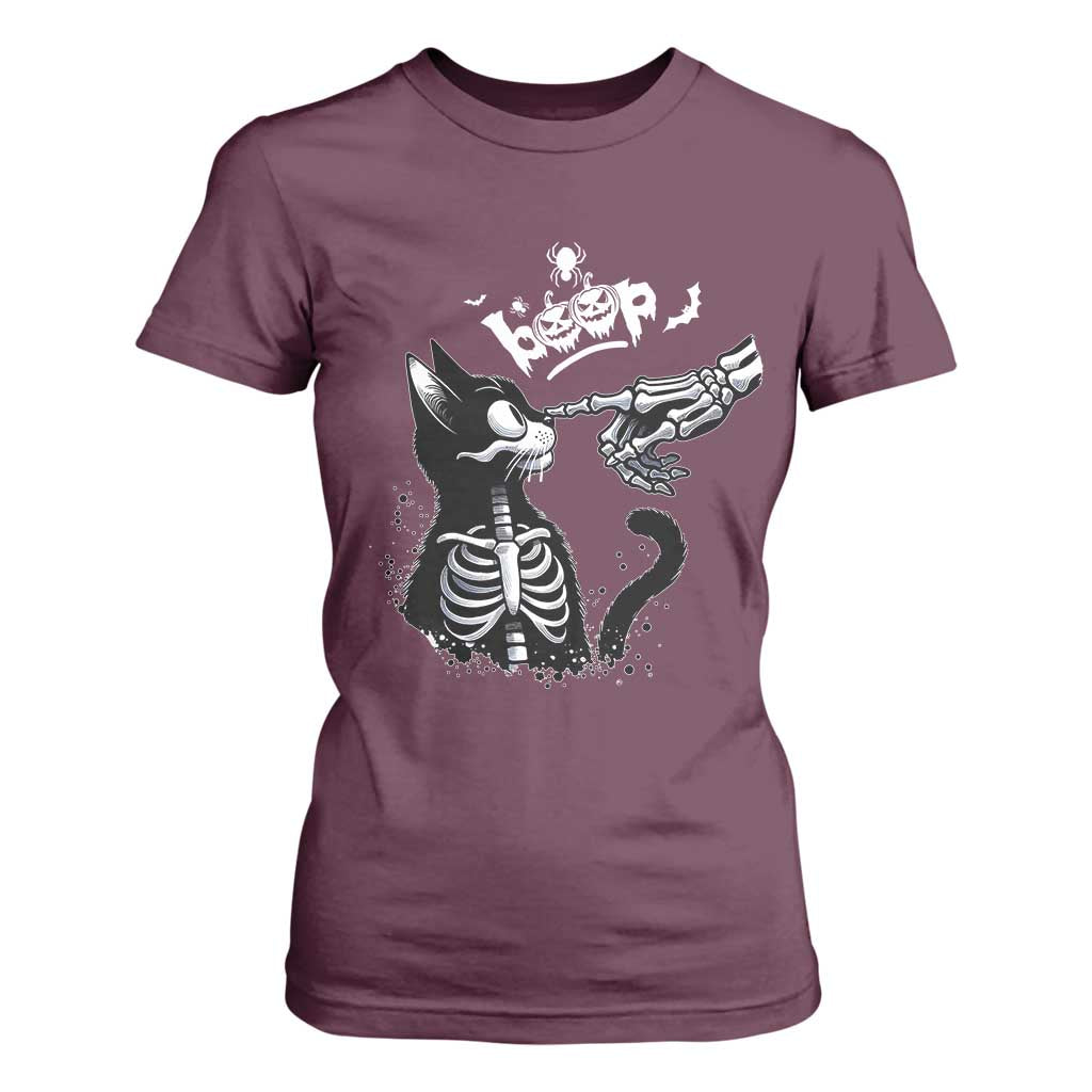 Black Cat Halloween T Shirt For Women Skeleton Hand Boop TS14 Maroon Print Your Wear