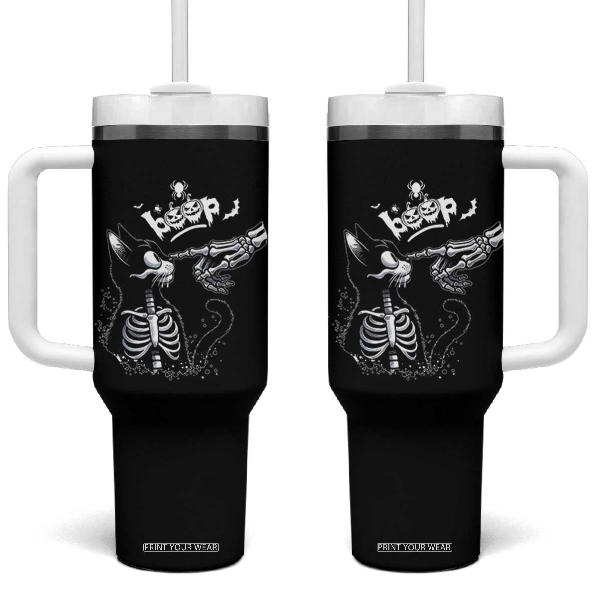 Black Cat Halloween Tumbler With Handle Skeleton Hand Boop - Print Your Wear