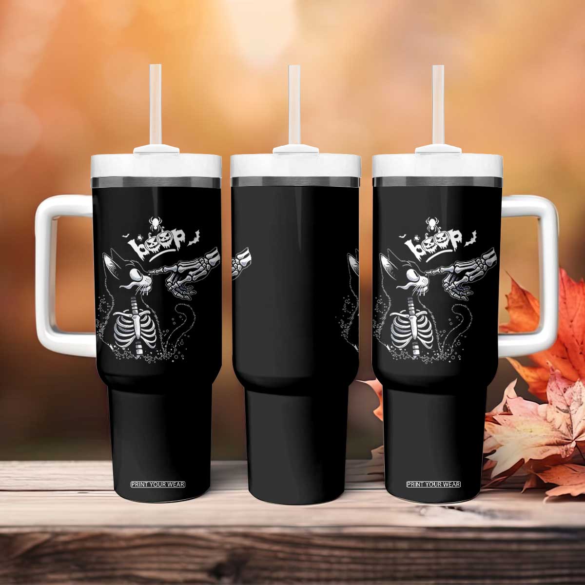 Black Cat Halloween Tumbler With Handle Skeleton Hand Boop TS14 Print Your Wear