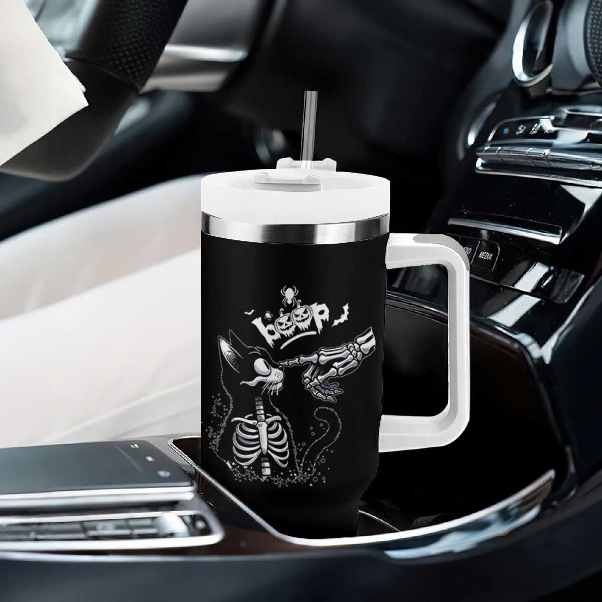 Black Cat Halloween Tumbler With Handle Skeleton Hand Boop - Print Your Wear
