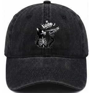 Black Cat Halloween Washed Cotton Baseball Cap Skeleton Hand Boop TS14 Washed Cap Universal Fit Black Print Your Wear