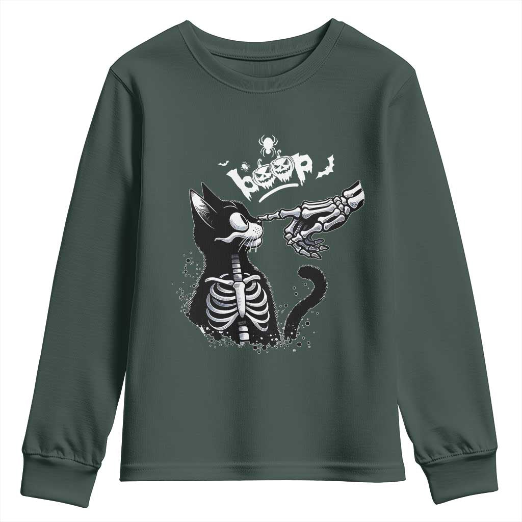 Black Cat Halloween Youth Sweatshirt Skeleton Hand Boop TS14 Dark Forest Green Print Your Wear