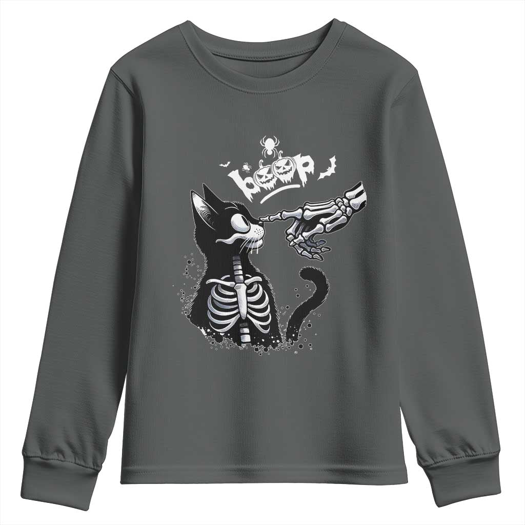 Black Cat Halloween Youth Sweatshirt Skeleton Hand Boop TS14 Dark Heather Print Your Wear