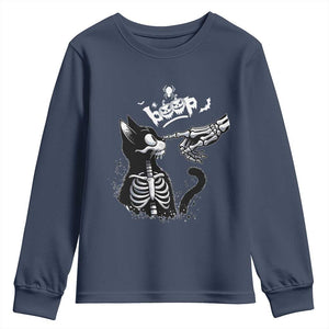 Black Cat Halloween Youth Sweatshirt Skeleton Hand Boop TS14 Navy Print Your Wear