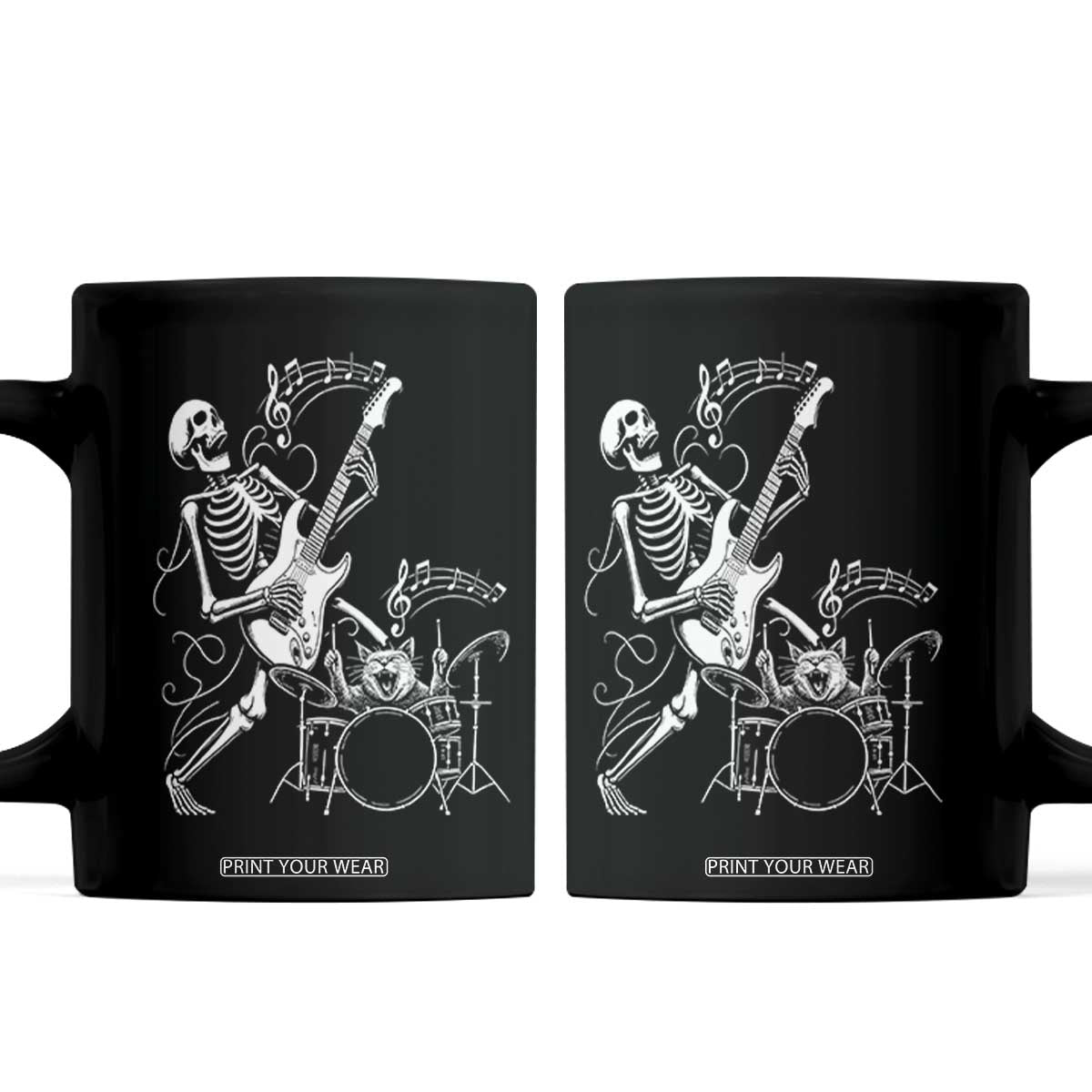 Rock Skeleton Cat Playing Guitar Coffee Mug Funny Halloween Kitty Music Lovers TS14 Black Print Your Wear
