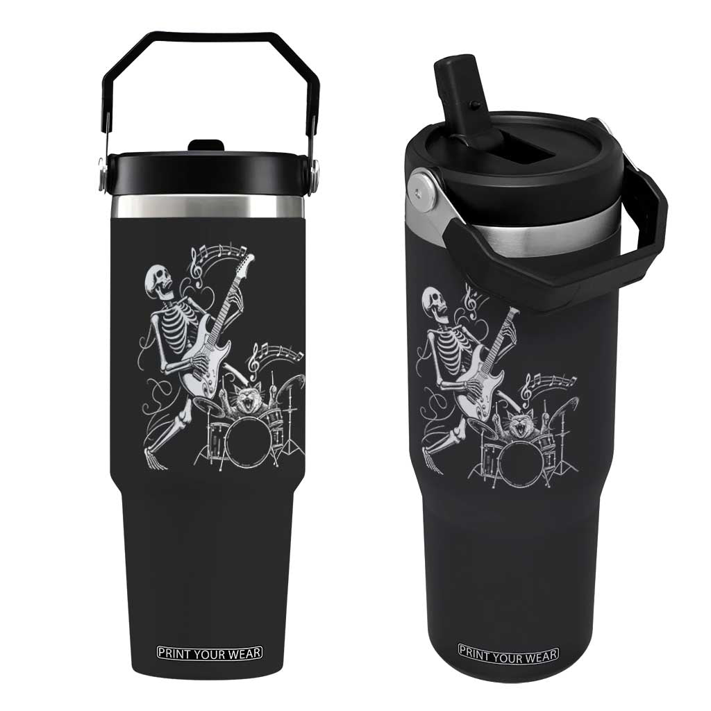 Rock Skeleton Cat Playing Guitar Flip Straw Tumbler Funny Halloween Kitty Music Lovers TS14 One Size: 30 oz Black Print Your Wear