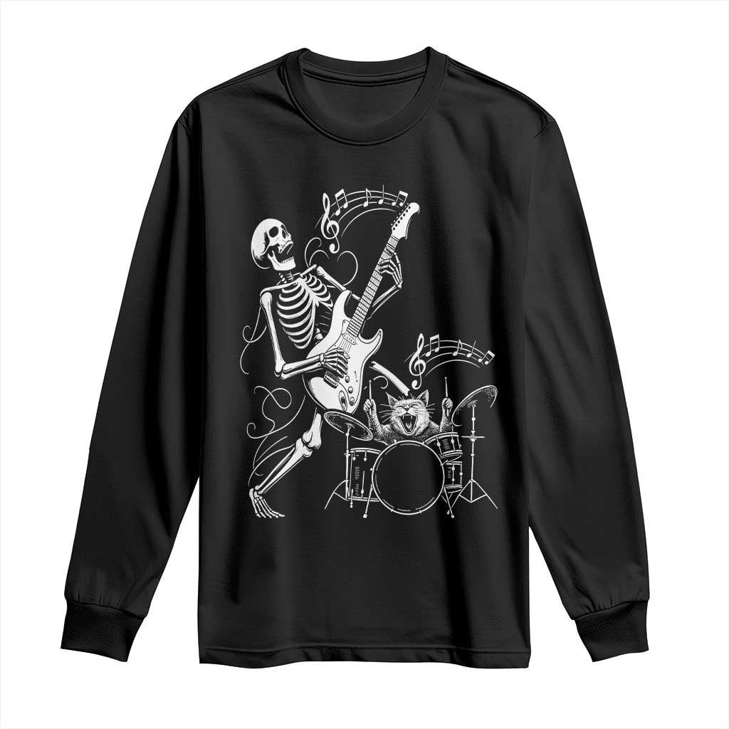 Rock Skeleton Cat Playing Guitar Long Sleeve Shirt Funny Halloween Kitty Music Lovers TS14 Black Print Your Wear