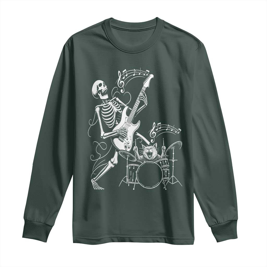 Rock Skeleton Cat Playing Guitar Long Sleeve Shirt Funny Halloween Kitty Music Lovers TS14 Dark Forest Green Print Your Wear