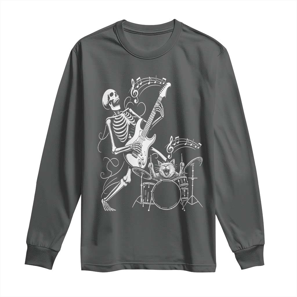Rock Skeleton Cat Playing Guitar Long Sleeve Shirt Funny Halloween Kitty Music Lovers TS14 Dark Heather Print Your Wear