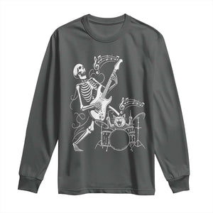 Rock Skeleton Cat Playing Guitar Long Sleeve Shirt Funny Halloween Kitty Music Lovers TS14 Dark Heather Print Your Wear