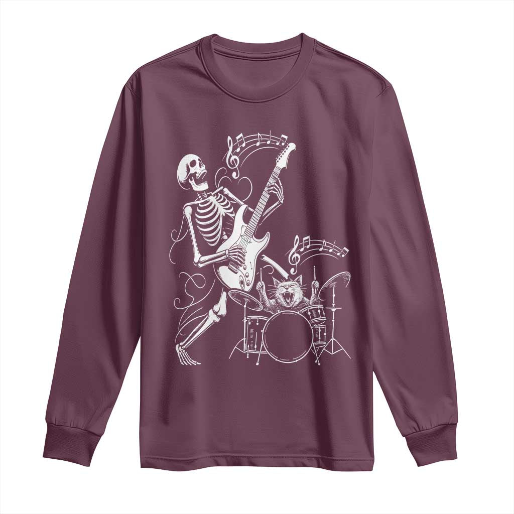Rock Skeleton Cat Playing Guitar Long Sleeve Shirt Funny Halloween Kitty Music Lovers TS14 Maroon Print Your Wear
