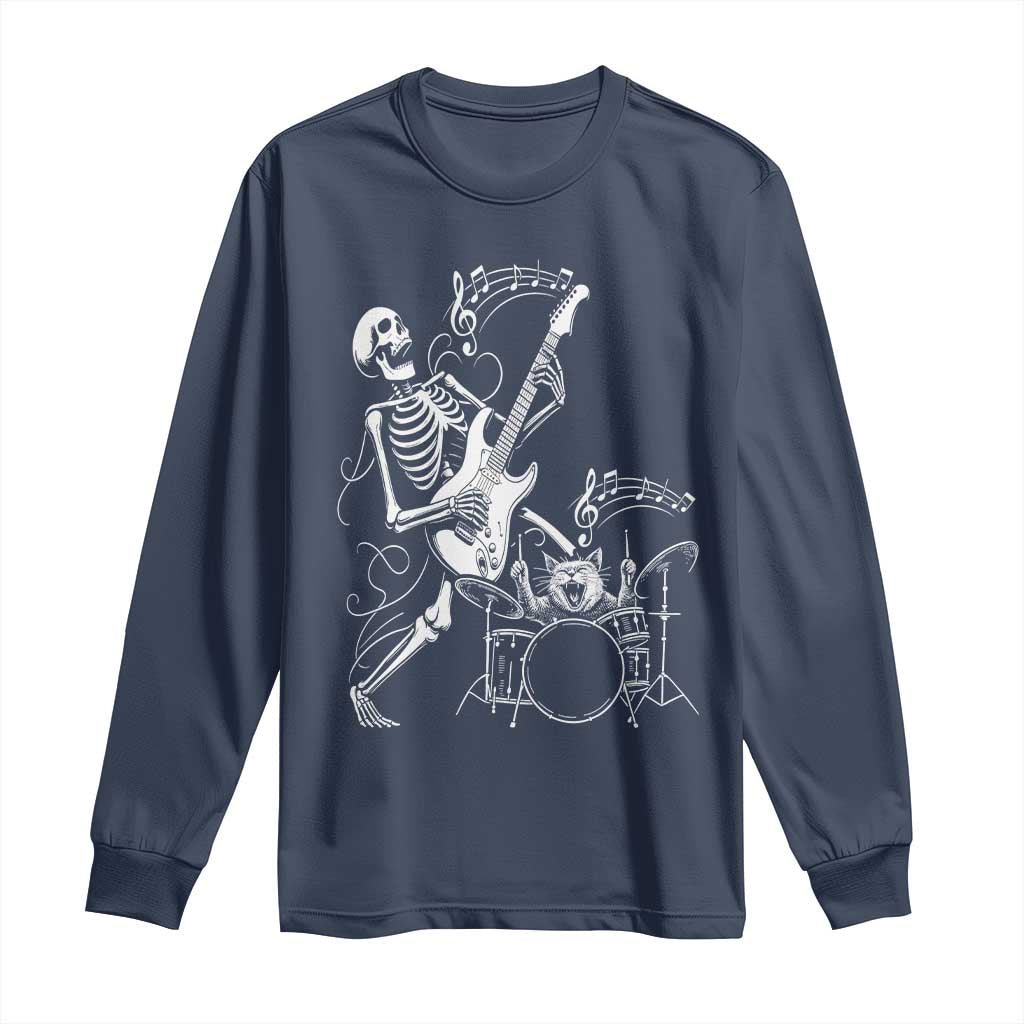 Rock Skeleton Cat Playing Guitar Long Sleeve Shirt Funny Halloween Kitty Music Lovers TS14 Navy Print Your Wear