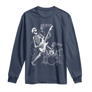 Rock Skeleton Cat Playing Guitar Long Sleeve Shirt Funny Halloween Kitty Music Lovers TS14 Navy Print Your Wear