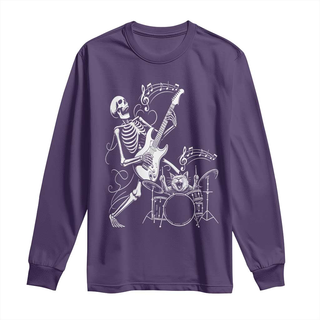 Rock Skeleton Cat Playing Guitar Long Sleeve Shirt Funny Halloween Kitty Music Lovers TS14 Purple Print Your Wear