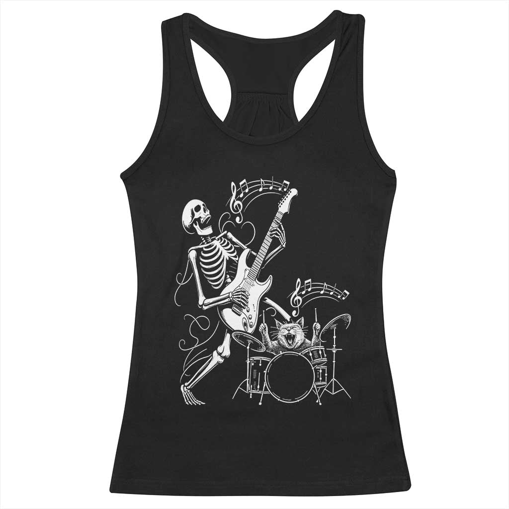 Rock Skeleton Cat Playing Guitar Racerback Tank Top Funny Halloween Kitty Music Lovers TS14 Black Print Your Wear