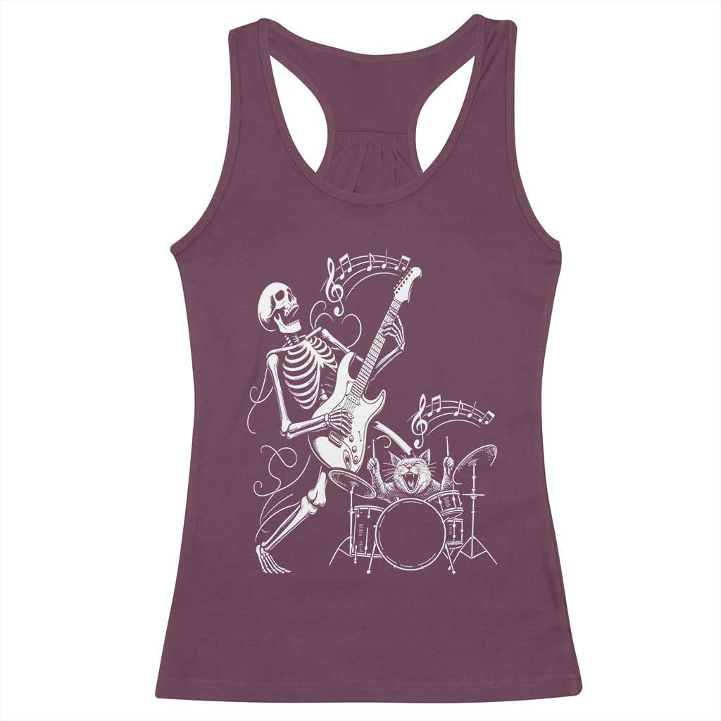 Rock Skeleton Cat Playing Guitar Racerback Tank Top Funny Halloween Kitty Music Lovers TS14 Maroon Print Your Wear