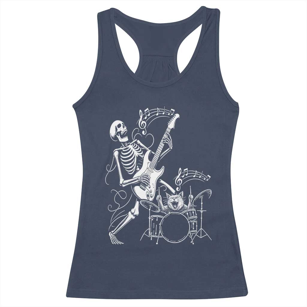 Rock Skeleton Cat Playing Guitar Racerback Tank Top Funny Halloween Kitty Music Lovers TS14 Navy Print Your Wear