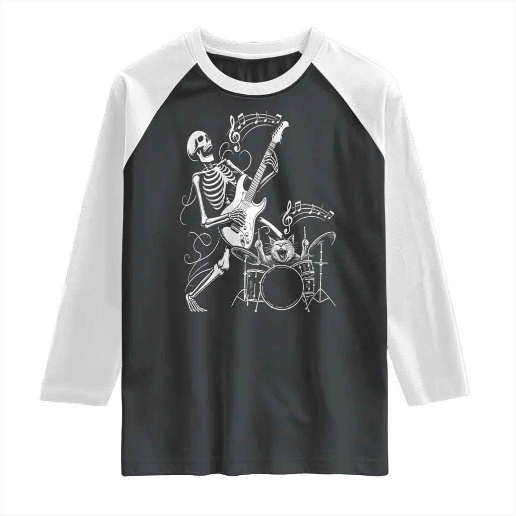Rock Skeleton Cat Playing Guitar Raglan Shirt Funny Halloween Kitty Music Lovers TS14 Black White Print Your Wear