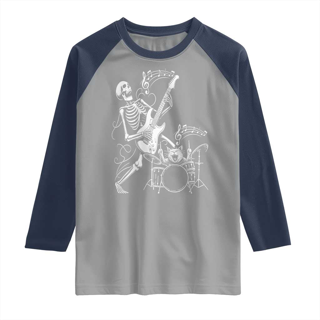 Rock Skeleton Cat Playing Guitar Raglan Shirt Funny Halloween Kitty Music Lovers TS14 Sport Gray Navy Print Your Wear