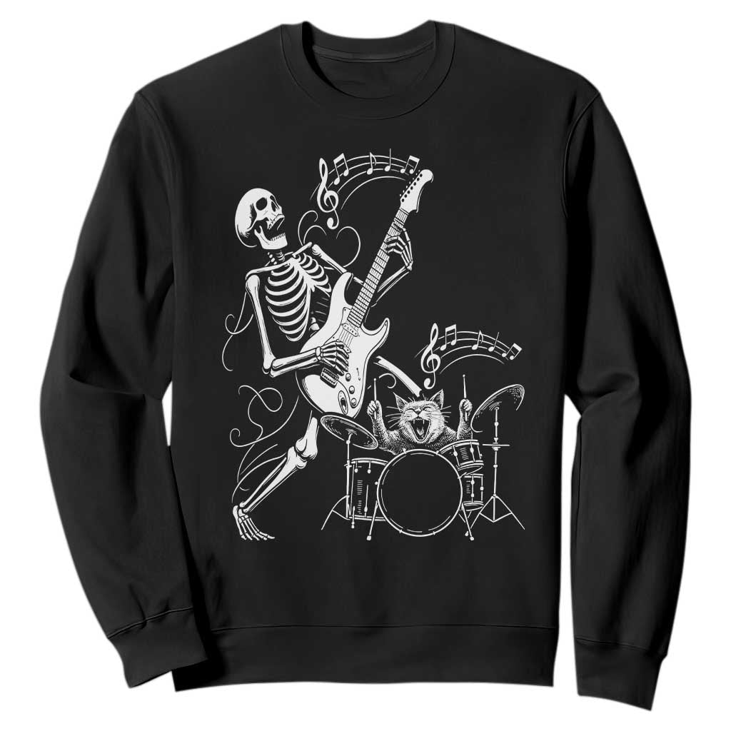 Rock Skeleton Cat Playing Guitar Sweatshirt Funny Halloween Kitty Music Lovers TS14 Black Print Your Wear