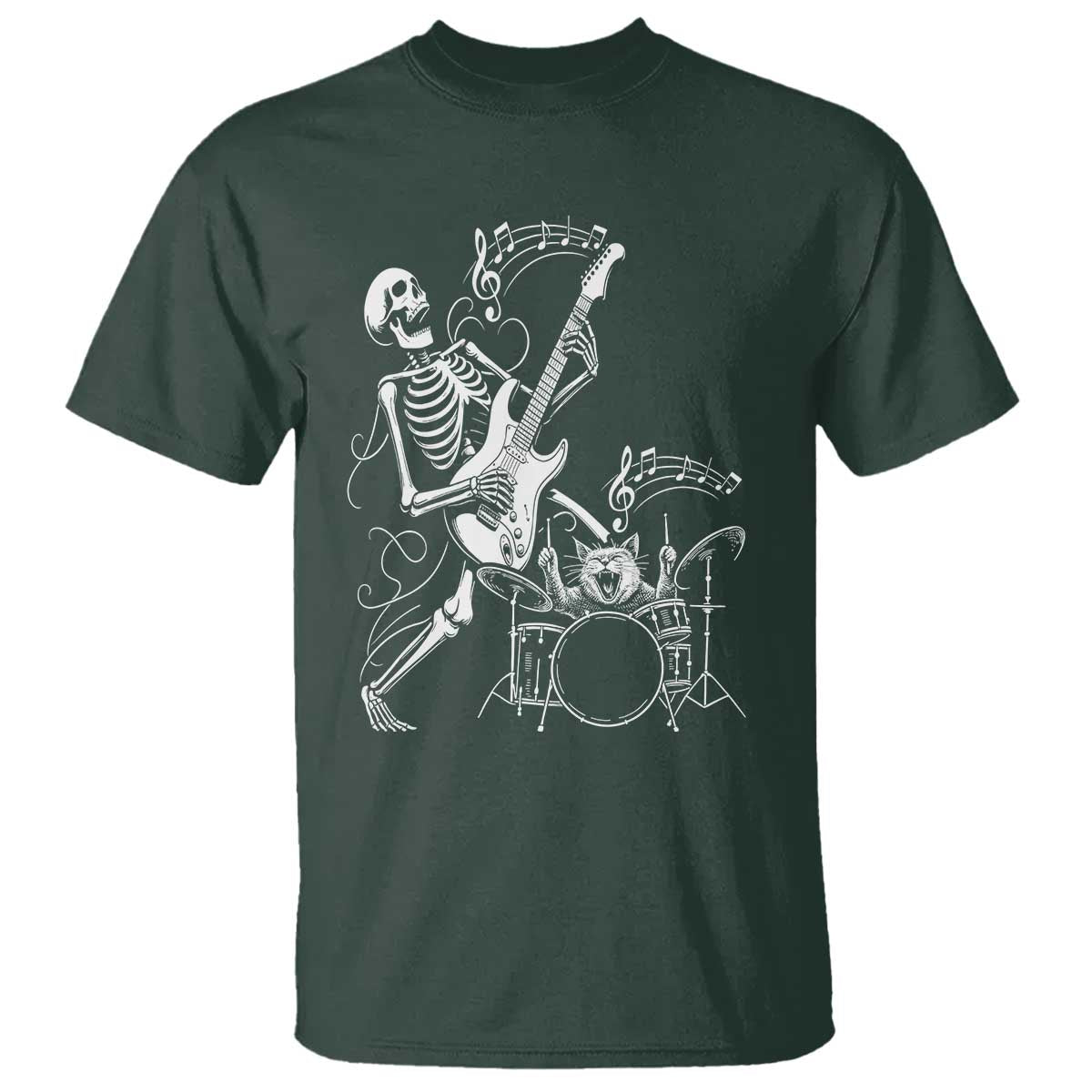 Rock Skeleton Cat Playing Guitar T Shirt Funny Halloween Kitty Music Lovers TS14 Dark Forest Green Print Your Wear