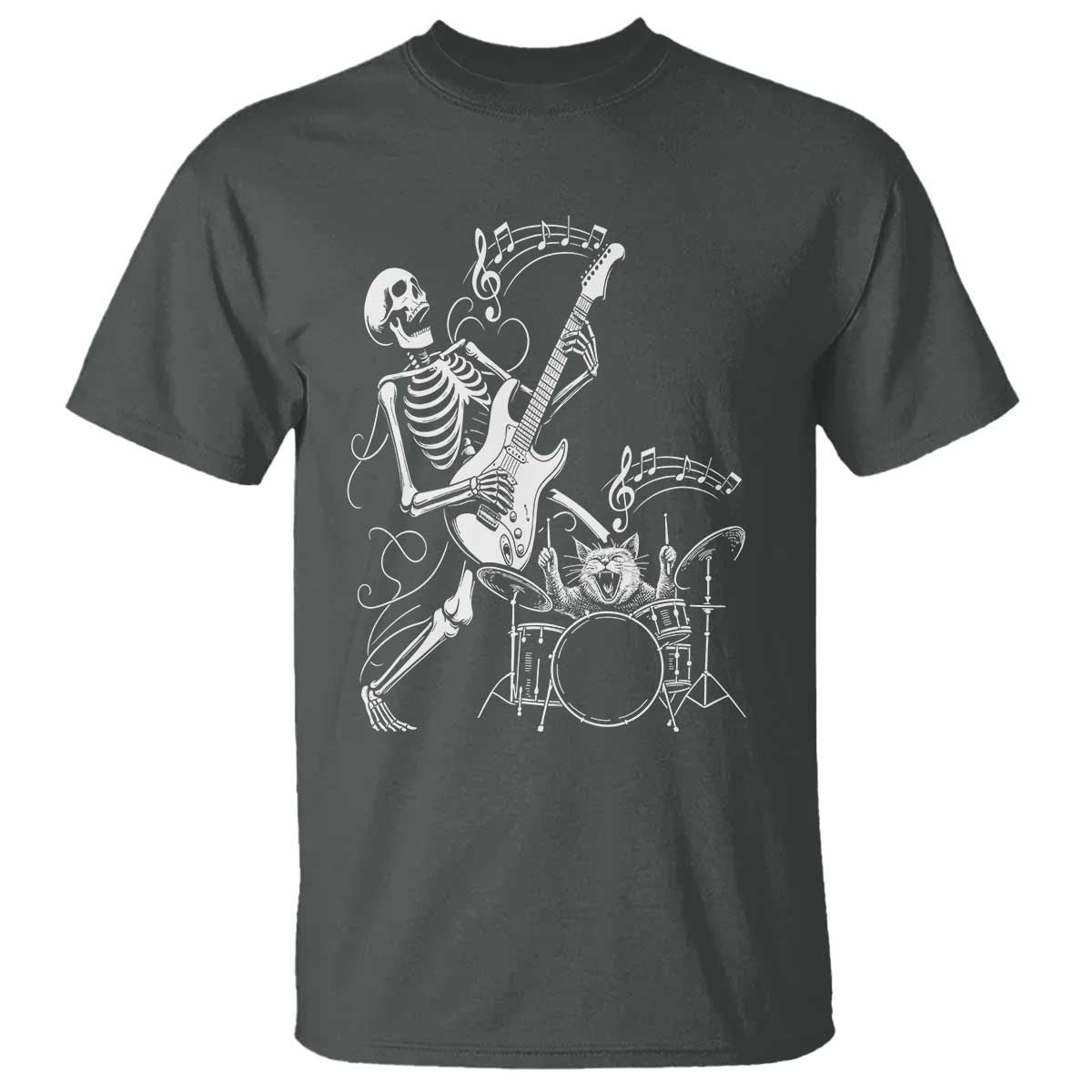 Rock Skeleton Cat Playing Guitar T Shirt Funny Halloween Kitty Music Lovers TS14 Dark Heather Print Your Wear