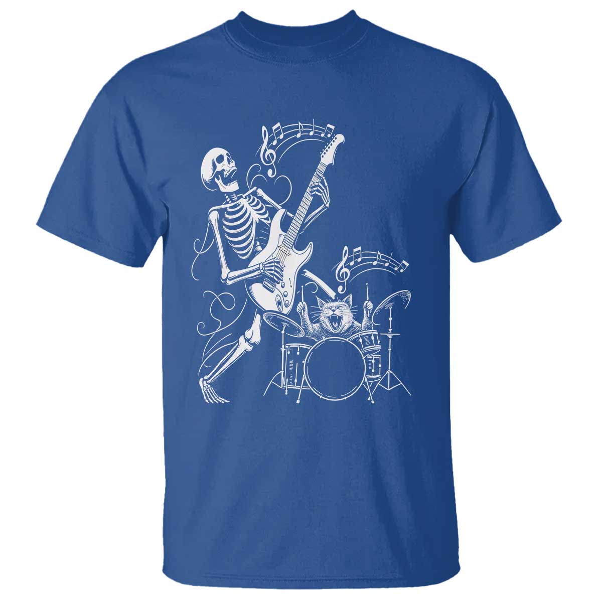 Rock Skeleton Cat Playing Guitar T Shirt Funny Halloween Kitty Music Lovers TS14 Royal Blue Print Your Wear