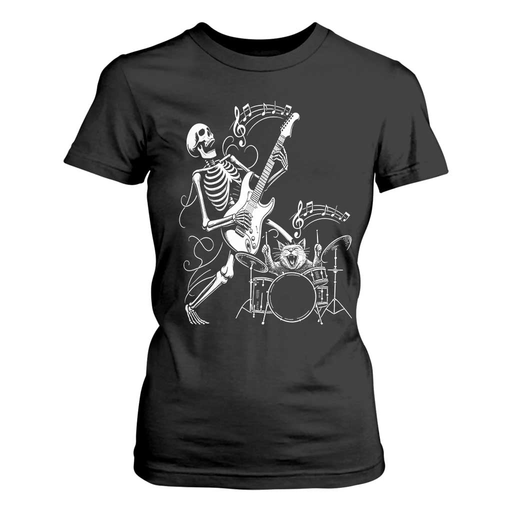 Rock Skeleton Cat Playing Guitar T Shirt For Women Funny Halloween Kitty Music Lovers TS14 Black Print Your Wear