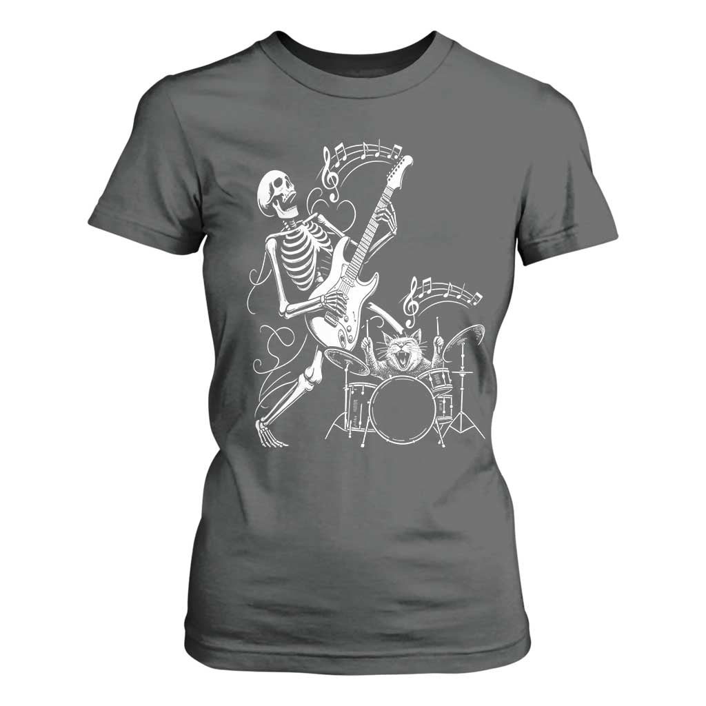 Rock Skeleton Cat Playing Guitar T Shirt For Women Funny Halloween Kitty Music Lovers TS14 Dark Heather Print Your Wear
