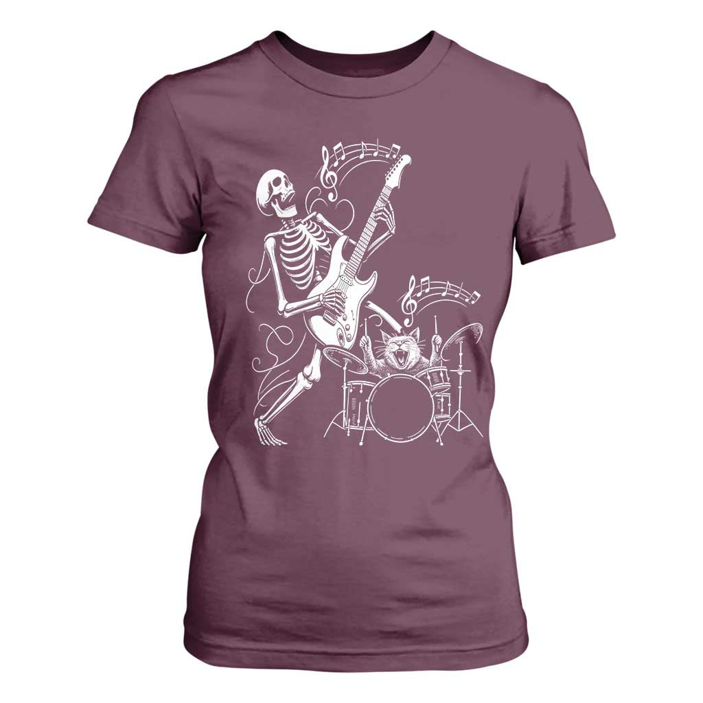 Rock Skeleton Cat Playing Guitar T Shirt For Women Funny Halloween Kitty Music Lovers TS14 Maroon Print Your Wear