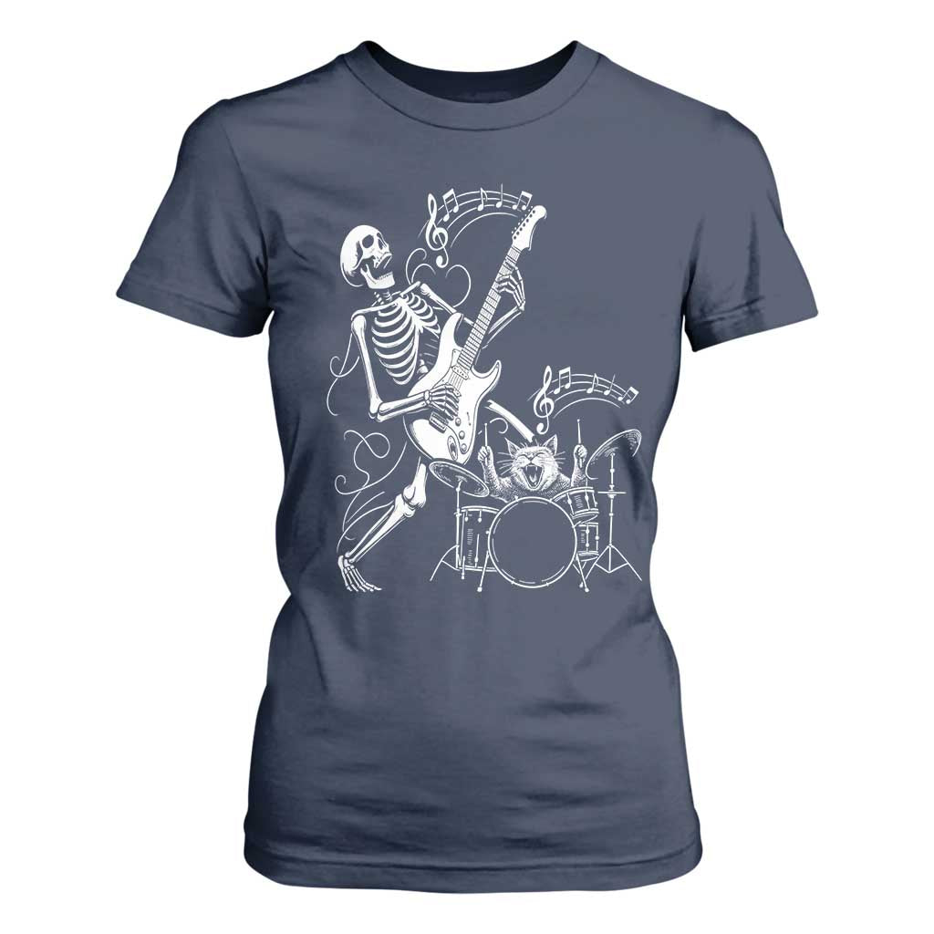 Rock Skeleton Cat Playing Guitar T Shirt For Women Funny Halloween Kitty Music Lovers TS14 Navy Print Your Wear