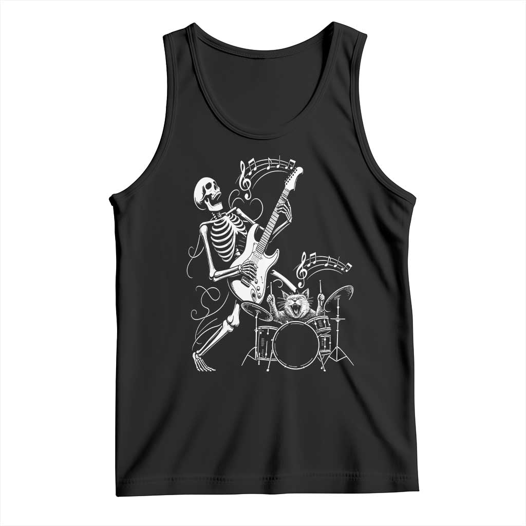 Rock Skeleton Cat Playing Guitar Tank Top Funny Halloween Kitty Music Lovers TS14 Black Print Your Wear