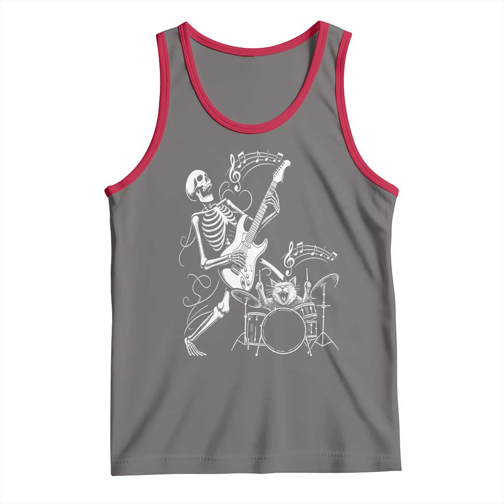 Rock Skeleton Cat Playing Guitar Tank Top Funny Halloween Kitty Music Lovers TS14 Deep Heather Red Print Your Wear
