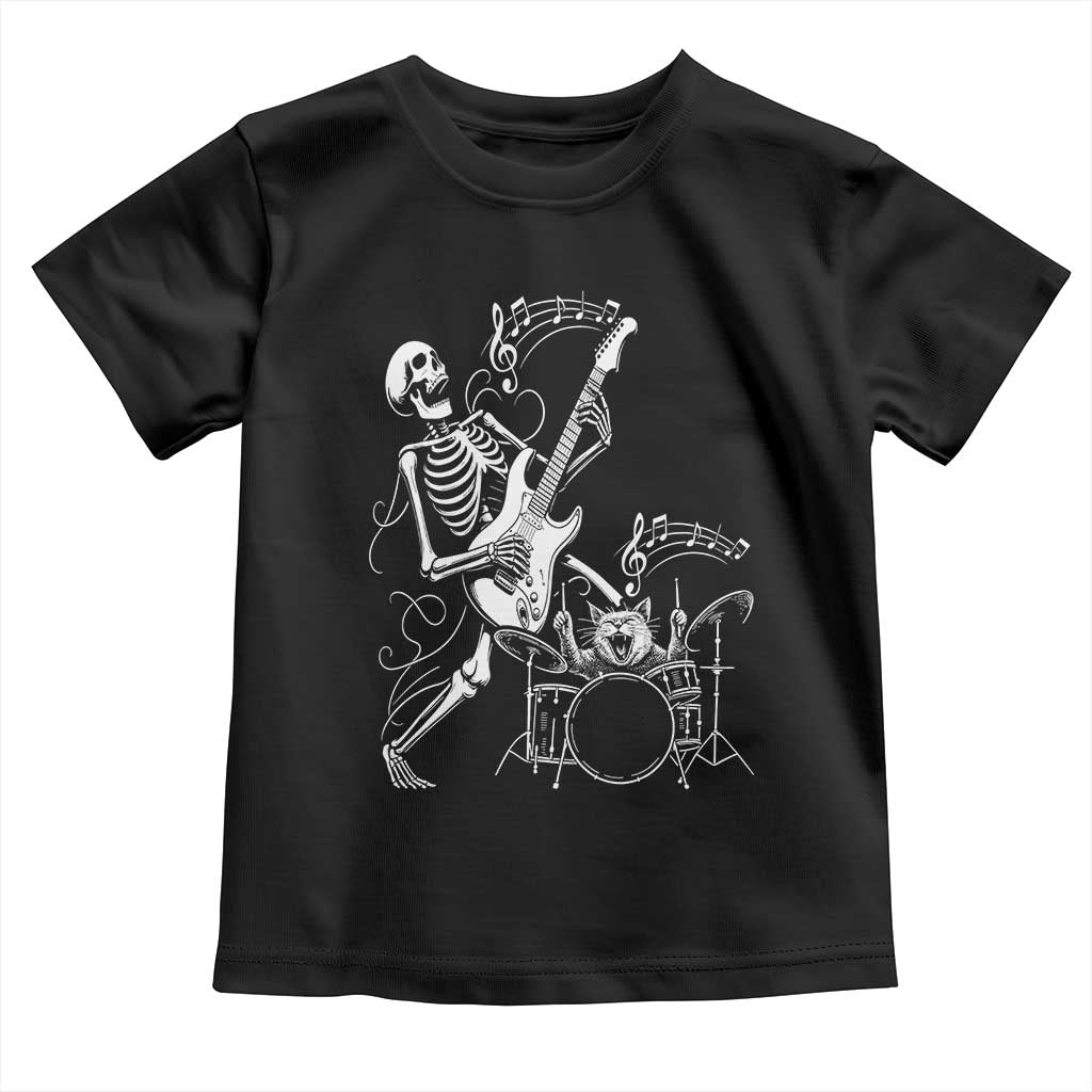 Rock Skeleton Cat Playing Guitar Toddler T Shirt Funny Halloween Kitty Music Lovers TS14 Black Print Your Wear