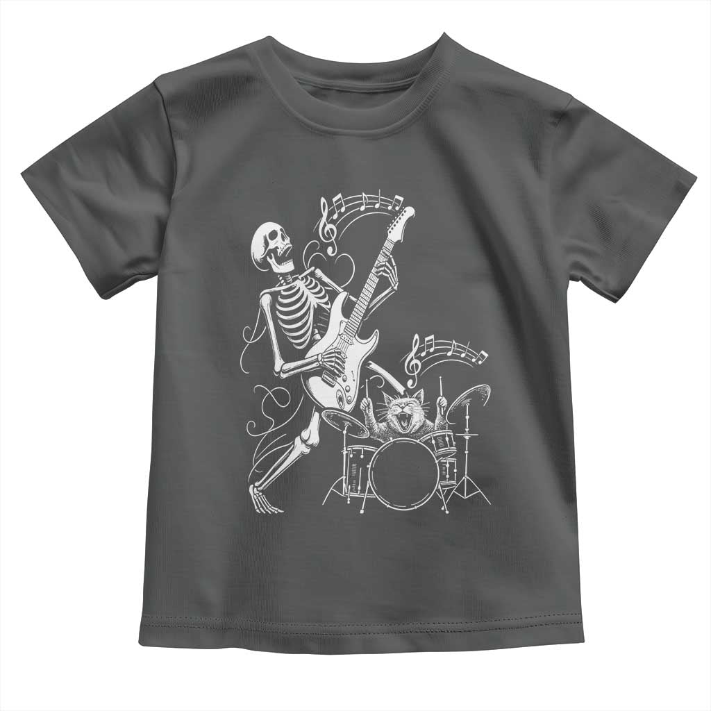 Rock Skeleton Cat Playing Guitar Toddler T Shirt Funny Halloween Kitty Music Lovers TS14 Dark Heather Print Your Wear