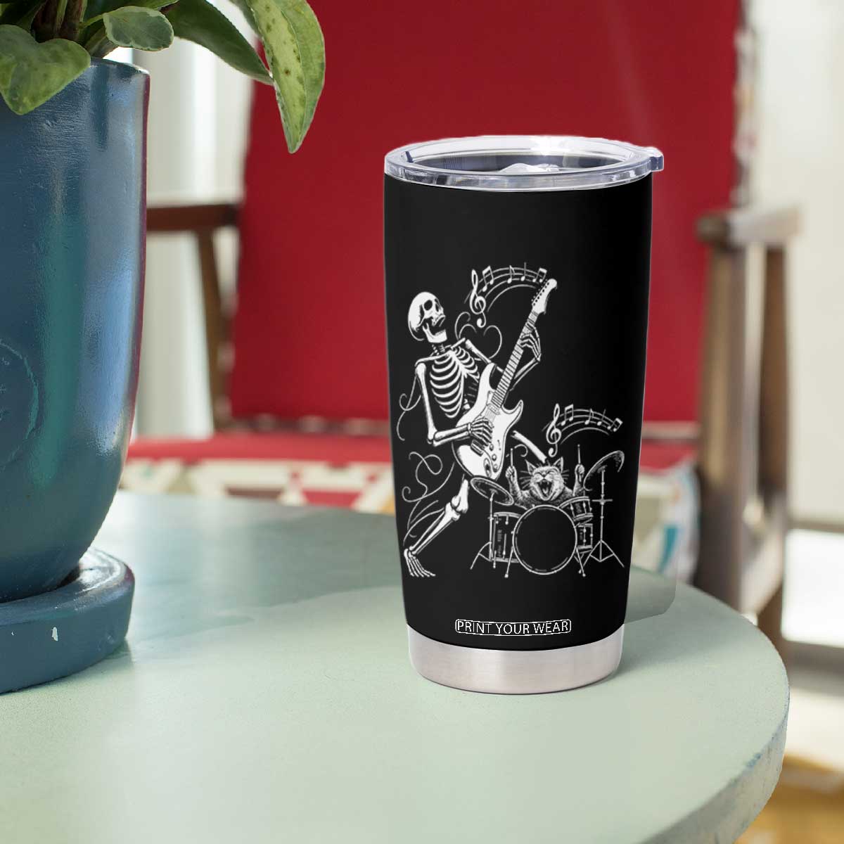 Rock Skeleton Cat Playing Guitar Tumbler Cup Funny Halloween Kitty Music Lovers TS14 Print Your Wear