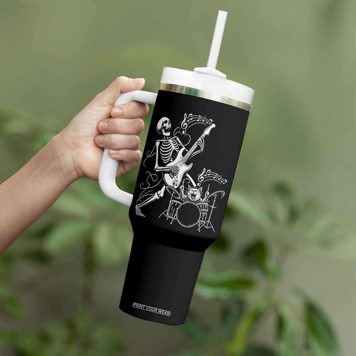 Rock Skeleton Cat Playing Guitar Tumbler With Handle Funny Halloween Kitty Music Lovers TS14 Print Your Wear