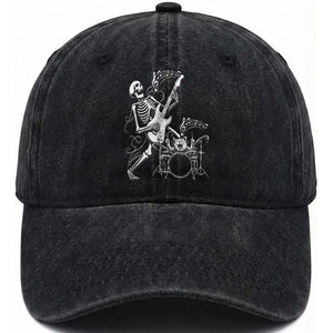 Rock Skeleton Cat Playing Guitar Washed Cotton Baseball Cap Funny Halloween Kitty Music Lovers TS14 Washed Cap Universal Fit Black Print Your Wear
