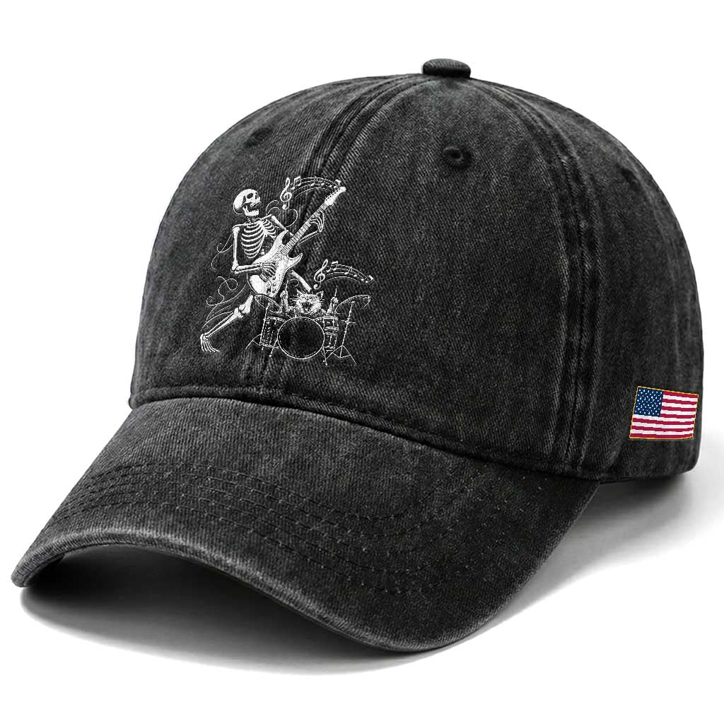 Rock Skeleton Cat Playing Guitar Washed Cotton Baseball Cap Funny Halloween Kitty Music Lovers TS14 Print Your Wear
