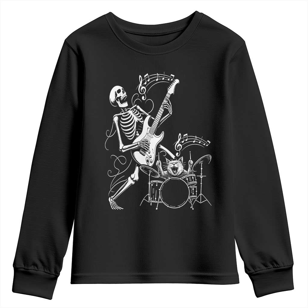 Rock Skeleton Cat Playing Guitar Youth Sweatshirt Funny Halloween Kitty Music Lovers TS14 Black Print Your Wear