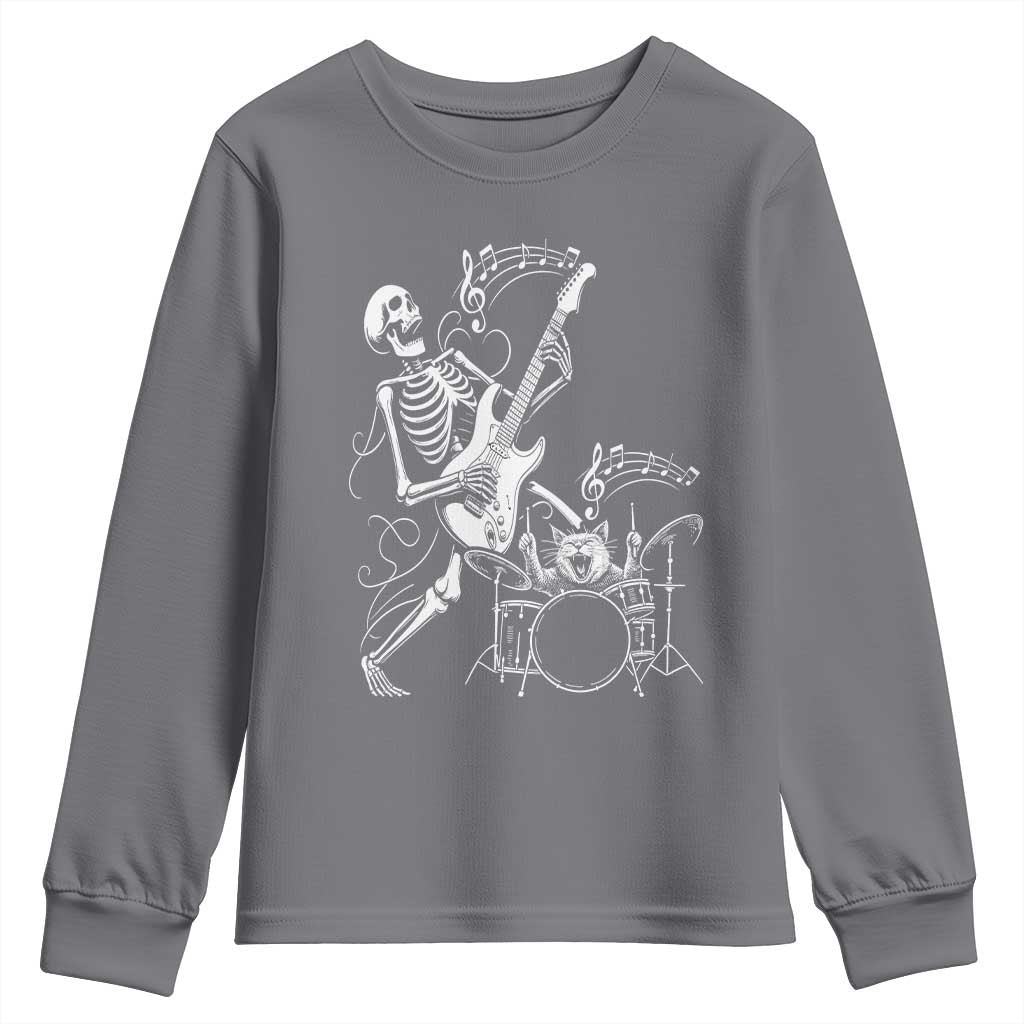 Rock Skeleton Cat Playing Guitar Youth Sweatshirt Funny Halloween Kitty Music Lovers TS14 Charcoal Print Your Wear