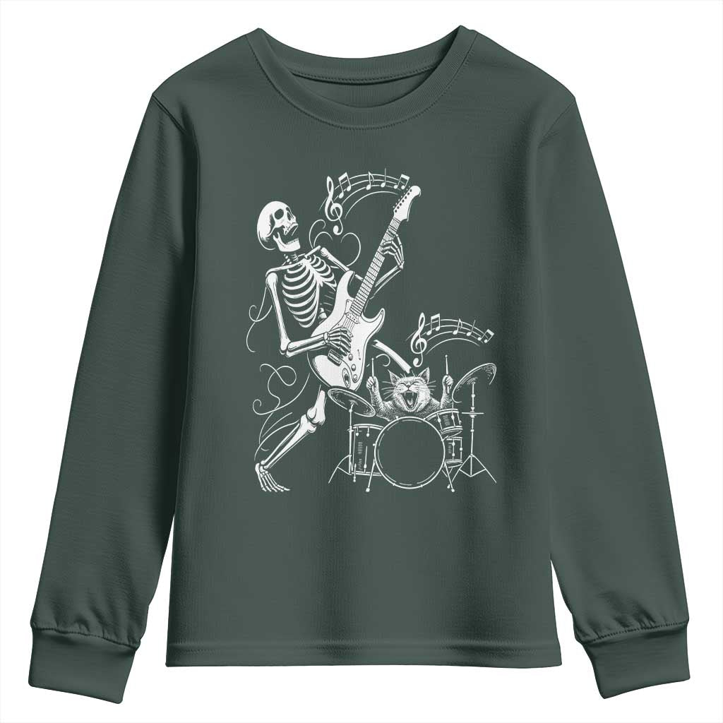 Rock Skeleton Cat Playing Guitar Youth Sweatshirt Funny Halloween Kitty Music Lovers TS14 Dark Forest Green Print Your Wear
