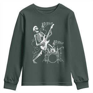 Rock Skeleton Cat Playing Guitar Youth Sweatshirt Funny Halloween Kitty Music Lovers TS14 Dark Forest Green Print Your Wear