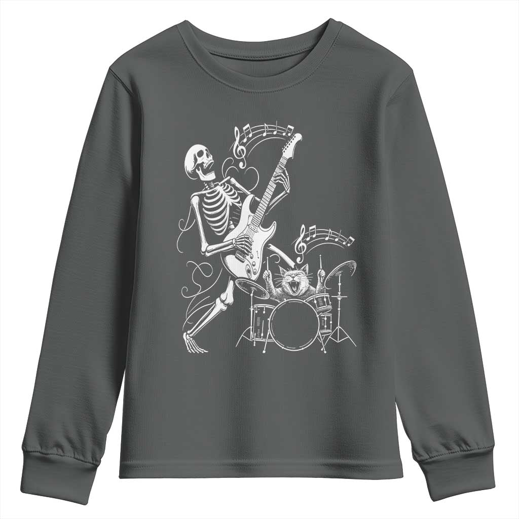 Rock Skeleton Cat Playing Guitar Youth Sweatshirt Funny Halloween Kitty Music Lovers TS14 Dark Heather Print Your Wear