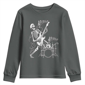 Rock Skeleton Cat Playing Guitar Youth Sweatshirt Funny Halloween Kitty Music Lovers TS14 Dark Heather Print Your Wear
